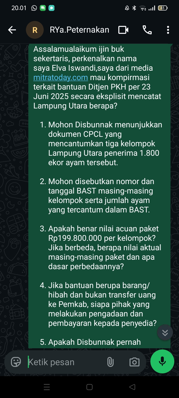 Sekretaris Disbunnak Bungkam Soal Bantuan Ayam APBN PKH Rp199,8 Juta per Kelompok, Ada Apa?